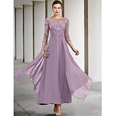 billiga Golvlängd-A-linjeformad klänning för brudens mor bröllopsgäst elegant plus size juvelhals ankellängd chiffong spets 3/4 längd ärm med ruched paljetter applikationer gratis anpassad storlek
