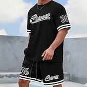 Недорогие Комплекты мужских футболок с принтом-Муж. Текст / Количество 2шт Наборы футболок Летние вершины С короткими рукавами Короткие штаны Вырез под горло Спорт На каждый день на открытом воздухе спорт Повседневные 3D печать Лето Черный