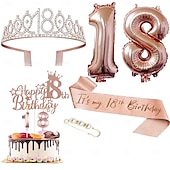 economico Forniture per eventi e feste-set deluxe da 6 pezzi per festa di compleanno in oro rosa - numeri di palloncini (10-80), tiara, fascia, candeline per torta, cake topper - per bambine &amp; donne
