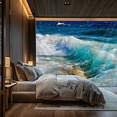 abordables Havstrand Teppe-Landscape Ocean Wave Hanging Tapestry Wall Art Large Tapestry Mural Decor Photograph Backdrop Blanket Curtain Home Bedroom Living Room Decoration