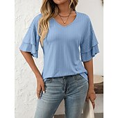 cheap Plain tee-Women&#039;s T Shirt Plain Fashion Modern Short Sleeve V Neck Regular Tops Daily Ruffle Black White Wine Sky Blue Fuchsia Summer