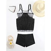 billiga Leopard badkläder-Dam Plusstorlekar Badkläder Tankini 2 st Längre baddräkt Hög midja Baddräkt Genomskinlig Hög midja Stickat Stylish Standkläder Leopard Tropisk Rund hals Ärmlös Baddräkter