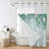 baratos Cortinas de Banho-Cortina de Chuveiro Texturizada em Malha de Waffle com Folhas com Forro Removível e Janela Transparente Repelente à Água em Poliéster Topo com Ilhós 120GSM Qualidade de Hotel Estilo Spa Divisão de