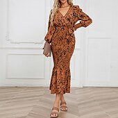 preiswerte abendkleider-Damen Midikleid Cocktailkleid Etui-Kleid Mode Urlaub Ferien Teegesellschaft Normale Passform Leopard Langarm V Ausschnitt Schwarz Khaki Aprikose Sommer
