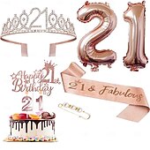 economico Forniture per eventi e feste-set deluxe da 6 pezzi per festa di compleanno in oro rosa - numeri di palloncini (10-80), tiara, fascia, candeline per torta, cake topper - per bambine &amp; donne