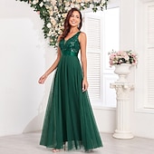 preiswerte Abendkleider-A-Linie Abendkleid Elegant Kleid Abendgesellschaft Abschlussball Bodenlang Ärmellos V Ausschnitt Gürtel / Schärpe Tüll V-Ausschnitt mit Glitzer Stickerei 2025