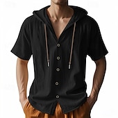 cheap Business Casual-Men&#039;s Shirt White Cotton Shirt Casual Shirt Button Up Shirt Cotton Shirt Plain Vacation Street Black White Khaki Gray Short Sleeve Hooded Summer Clothing Apparel Button-Down