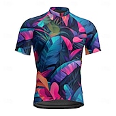 お買い得  メンズジャージ-男性用 サイクリングジャージー 半袖 バイク Tシャツ ジャージー 3つのリアポケット付き マウンテンサイクリング 高通気性 速乾性 人間工学デザイン ウィッキング フォレストグリーン ダークブルー ダークグリーン リーフ柄 スポーツ 衣類