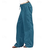 cheap Plain Cotton Linen Pant-Women&#039;s Cotton Linen Pants Slacks Streetwear Casual Full Length Natural Plain Pocket Elastic Drawstring Design Outdoor Comfortable Daily Wear Going out Depression Green Dark Brown Light Sky Blue Navy