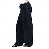 cheap Plain Cotton Linen Pant-Women&#039;s Cotton Linen Pants Slacks Streetwear Casual Full Length Natural Plain Pocket Elastic Drawstring Design Outdoor Comfortable Daily Wear Going out Depression Green Dark Brown Light Sky Blue Navy