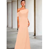 cheap Floor Length-A-Line Mother of the Bride Dress Wedding Guest Elegant Vintage One Shoulder Floor Length Charmeuse 3/4 Length Sleeve with Ruffles Side-Draped free custom size