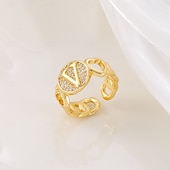 voordelige Geschenken-gepersonaliseerde letterring, cadeau voor moeder, 18k vergulde koperen ring, glad hartontwerp, verstelbare open band met zirkoon, stijlvolle en veelzijdige sieraden voor vrouwen