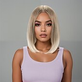 baratos Perucas Sintéticas sem Touca-Perucas sintéticas Liso Reta natural Parte do meio Com Franjas Fabrico à Máquina Peruca 14 polegadas A1 Cabelo Sintético Mulheres Repartida ao Meio Clássico Confortável Loiro