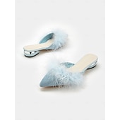 abordables Ballerines femme-mules plates blanches et duveteuses à bout pointu – chaussures confortables à enfiler en fausse fourrure pour des tenues décontractées et chics