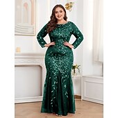 cheap Plus Size Dresses-Mermaid / Trumpet Evening Gown Sparkle Dress Formal Floor Length Long Sleeve Crew Neck Champagne Mother Of the Bride Dress Tulle with Embroidery 2025