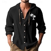 preiswerte Urlaub-Herren Weißes Baumwollhemd Minimalistisches Aloha-Shirt Freizeithemd Knopfhemd Baumwollhemd Kokospalme Urlaub Straße Schwarz Weiß Blau Khaki Langarm Mit Kapuze Frühling &amp; Sommer Bekleidung Button-Down