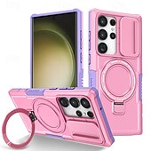 お買い得  サムスン用ケース-Samsung Galaxy S24 Ultra Plus S24 FE S23 Ultra Plus S22 Plus Ultra用電話ケーススタンドホルダー付きマグネットサポートワイヤレス充電レトロPC