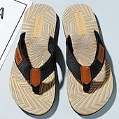 cheap Vacation Sandals-Men&#039;s Fashion Flip-Flops - Red and Black Geometric Pattern with Leather Accents - Casual Beachwear