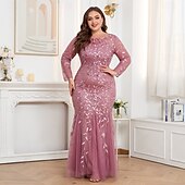 cheap Plus Size Dresses-Mermaid / Trumpet Evening Gown Sparkle Dress Formal Floor Length Long Sleeve Crew Neck Champagne Mother Of the Bride Dress Tulle with Embroidery 2025