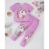 baratos Desenho animado 3D da menina-Para Meninas 3D Unicórnio Conjuntos de pijama Conjuntos de pijama com camiseta e calça Manga Curta Impressão 3D Verão Primavera Ativo Básico Infantil 4 anos + Gola Redonda Casa Diário Normal