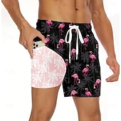 billiga Djur &amp; Fåglar-Herr Flamingo Kokosnötsträd Fodrade shorts 2 i 1 simshorts Badshorts Medium Midja Hawaiisk Semester Standkläder Sidfickor Med kompressionsfoder Elastisk dragsko i midjan Designer Kläder
