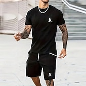 abordables Ensembles de t-shirts imprimés pour hommes-Homme Lettre a 2 pièces Ensembles de tees Hauts d'été Manche Courte Pantalon court Col ras du cou Sport Occasionnel Extérieur Vacances Sport Impression 3D Été Noir
