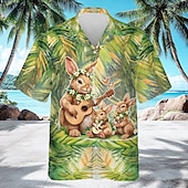 cheap Vintage Shirt-Easter Men&#039;s Bunny Plants Floral Print Shirt Cuban Collar Shirt Button Up Shirt Short Sleeve Vintage Retro Holiday Festival Summer Spring Camp Collar Shirt 3D Print Green