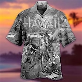 voordelige Retro Vintage Print-Voor heren Brief Tribal Landschap Overhemd Hawaiiaans overhemd Kampshirt Korte mouw Overhemd Strijkijzer Modieus Ontwerper Casual Straat Casual Dagelijks Geel Paars Oranje S M L
