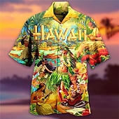 voordelige Retro Vintage Print-Voor heren Brief Tribal Landschap Overhemd Hawaiiaans overhemd Kampshirt Korte mouw Overhemd Strijkijzer Modieus Ontwerper Casual Straat Casual Dagelijks Geel Paars Oranje S M L