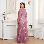 cheap Plus Size Dresses-Mermaid / Trumpet Evening Gown Sparkle Dress Formal Floor Length Long Sleeve Crew Neck Champagne Mother Of the Bride Dress Tulle with Embroidery 2025
