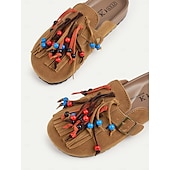 billiga Lätta damskor-damfransar med pärlor – solbrända mocka slip-on loafers med färgglada tofsar och spänne för boho-stil, avslappnade utflykter och sommarfestivaler