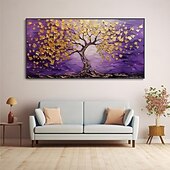 preiswerte Blumen-/Botanische Gemälde-handgemaltes Ölgemälde mit Blattgoldbaum und lila Hintergrund, abstrakte strukturierte Goldbaumgemälde, Kunstwerke, Gemälde für Wohnzimmer, Wanddekoration, Studio, edles Dekor, Einweihungsgeschenk
