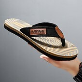 cheap Vacation Sandals-Men&#039;s Fashion Flip-Flops - Red and Black Geometric Pattern with Leather Accents - Casual Beachwear