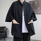 economico Casual da lavoro-Per uomo Camicia Camicia di lino Camicia casual Camicia con Bottoni Camicia di cotone Semplice Vacanza Camicia hawaiana Nero Bianco Blu marino Cachi Mezza Manica Colletto alla coreana Estate
