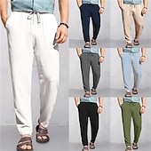 cheap Classic-Men&#039;s Linen Pants Trousers Summer Pants Beach Pants Pocket Drawstring Elastic Waist Plain Comfort Breathable Vacation Daily Holiday Hawaiian Boho Black White