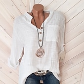 cheap Shirts-Women&#039;s Shirt Blouse Cotton Linen Shirts Plain Basic Modern Long Sleeve V Neck Regular Tops Daily Holiday Buttons Pocket White Pink Red Khaki Summer