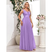 preiswerte Abendkleider-A-Linie Abendkleid Elegant Kleid Abendgesellschaft Abschlussball Bodenlang Ärmellos V Ausschnitt Gürtel / Schärpe Tüll V-Ausschnitt mit Glitzer Stickerei 2025