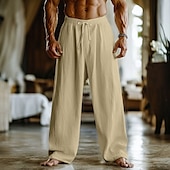 abordables Maison-Homme Pantalons en Lin Pantalons Pantalon d&#039;été Pantalons Amples Cordon de serrage Taille Élastique Jambe Droite Uni Confort Respirant Longueur complète Maison Yoga Fête Mode Streetwear Noir Blanche