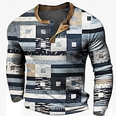billige Geometrisk-Herre Grafisk Ruter Henly-skjorte Vaffel T-skjorte Langermet 3D-utskrift Designer Fritid Vintage retro Sport &amp; Utendørs Ferie Festival Vår &amp; Vinter Lyseblå Navyblå Kongeblå Blå Himmelblå Henley