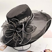 cheap Party Hats-Hats Organza Sun Hat Holiday Tea Party Horse Race Cocktail Elegant Vintage Cute With Feather Floral Headpiece Headwear