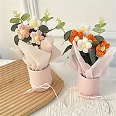 ieftine rechizite de petrecere-Buchet de flori artificiale din fire țesute manual - 1 set inclusiv flori țesute din țesătură hârtie de împachetat găleată din plastic 5 flori croșetate din fire - potrivite pentru cadouri pentru