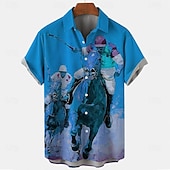cheap Vintage Shirt-Kentucky Derby Men&#039;s Horse Racing Shirt Button Up Shirt Short Sleeve Vintage Retro Holiday Festival Summer Spring Turndown 3D Print Funny Kentucky Derby Shirts Blue Orange