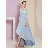 abordables Longueur du plancher-Robe de Mère de la Mariée A-Line Robe Formelle Invité de Mariage Élégante Haut-Bas Col V Asymétrique Longueur Thé Chiffon Dentelle Manches 3/4 avec Plis 2025 taille personnalisée gratuite