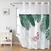 baratos Cortinas de Banho-Cortina de Chuveiro Texturizada em Malha de Waffle com Folhas com Forro Removível e Janela Transparente Repelente à Água em Poliéster Topo com Ilhós 120GSM Qualidade de Hotel Estilo Spa Divisão de