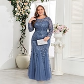 cheap Plus Size Dresses-Mermaid / Trumpet Evening Gown Sparkle Dress Formal Floor Length Long Sleeve Crew Neck Champagne Mother Of the Bride Dress Tulle with Embroidery 2025