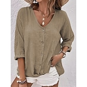 preiswerte Hemden-Damen Hemd Baumwoll-Leinen-Hemden Knopfleiste Bluse Einfach Basic Modern Langarm V Ausschnitt Normale Oberteile Täglich Ferien Knöpfe Rosa Blau Purpur Grün Khaki Sommer