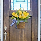 baratos Grinaldas e guirlandas-guirlanda de primavera tulipa artificial e videira verde cesta decoração pendurada com fita xadrez para hotéis, cafés, entradas de casa