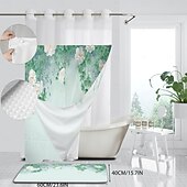baratos Cortinas de Banho-Cortina de Chuveiro Texturizada em Malha de Waffle com Folhas com Forro Removível e Janela Transparente Repelente à Água em Poliéster Topo com Ilhós 120GSM Qualidade de Hotel Estilo Spa Divisão de