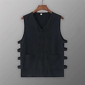 billiga Gym-toppar-Herr Linne Undertröjor Ärmlös tröja Ärmlös V-hals Sommar Slät Designer Grundläggande Kineseri Knappar Semester Gata Utekväll Svart Vit Vin Topp t-shirt för män