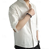 economico Casual da lavoro-Per uomo Camicia in cotone e lino Semplice Vacanza Nero Bianco Verde Mezza Manica Colletto alla coreana Estate Abbigliamento Bottonato
